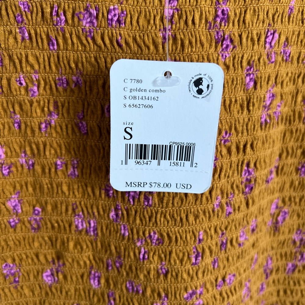 FREE PEOPLE Marigold Top - Size Small-Golden Floral Smocked Boho Crop Blouse-NWT - Picture 7 of 16